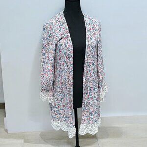 Boho Floral Kimono Cardigan with Crochet Trim
